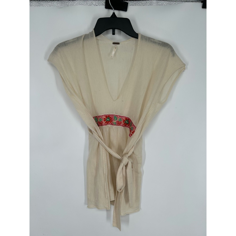 Free People Top Women's XS Beige‎ Wool Blend Embroidered Plunge Neck Tie Waist